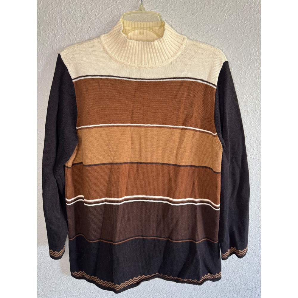 Vintage Striped Mock Neck Sweater Womens Large Brown Excellent